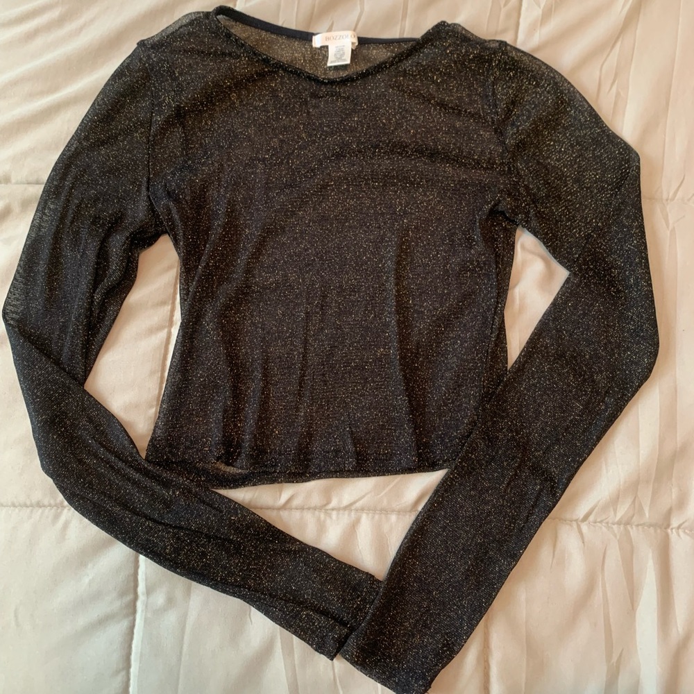 Bozzolo Black and Gold Sparkly Mesh Crop Top Size M